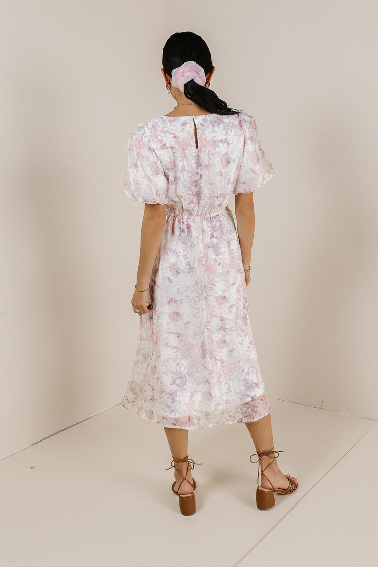 midi dress with short puff sleeve with purple flowers