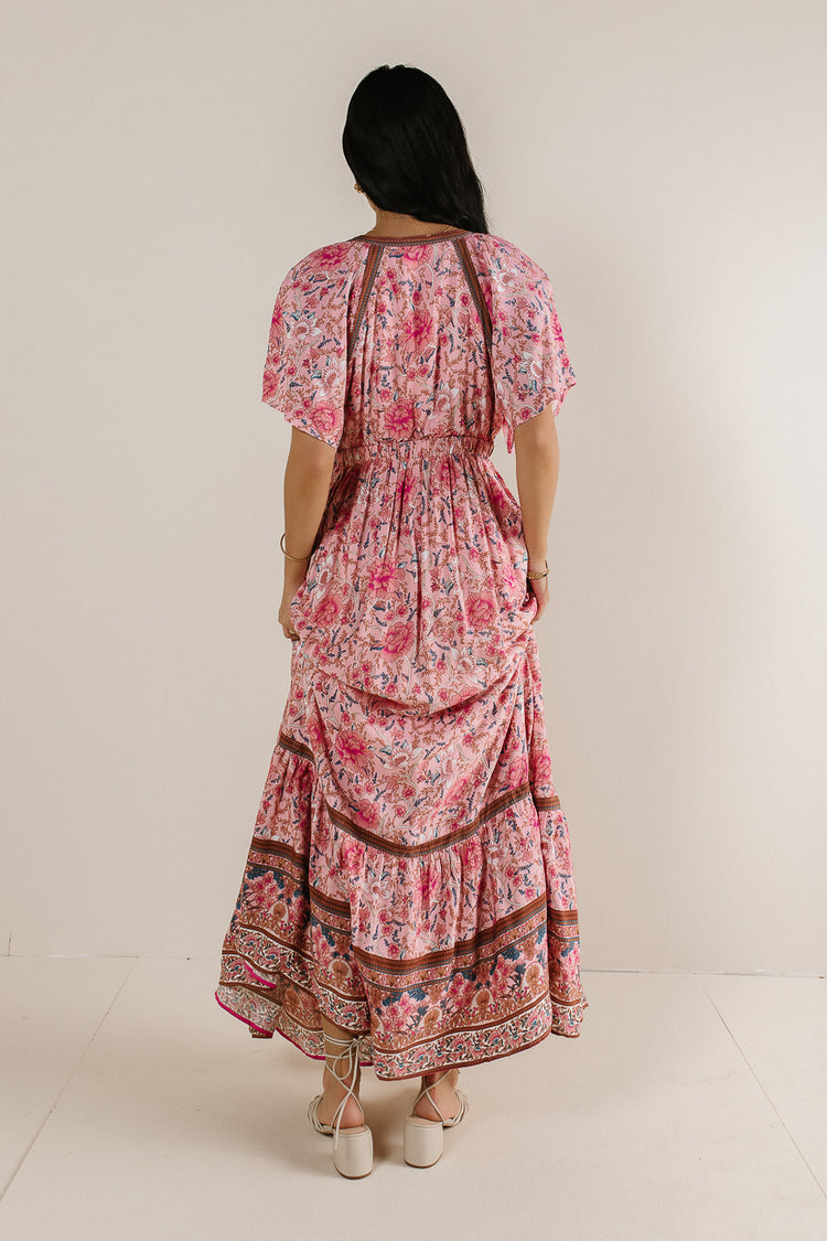 tiered maxi dress with pink and red flowers