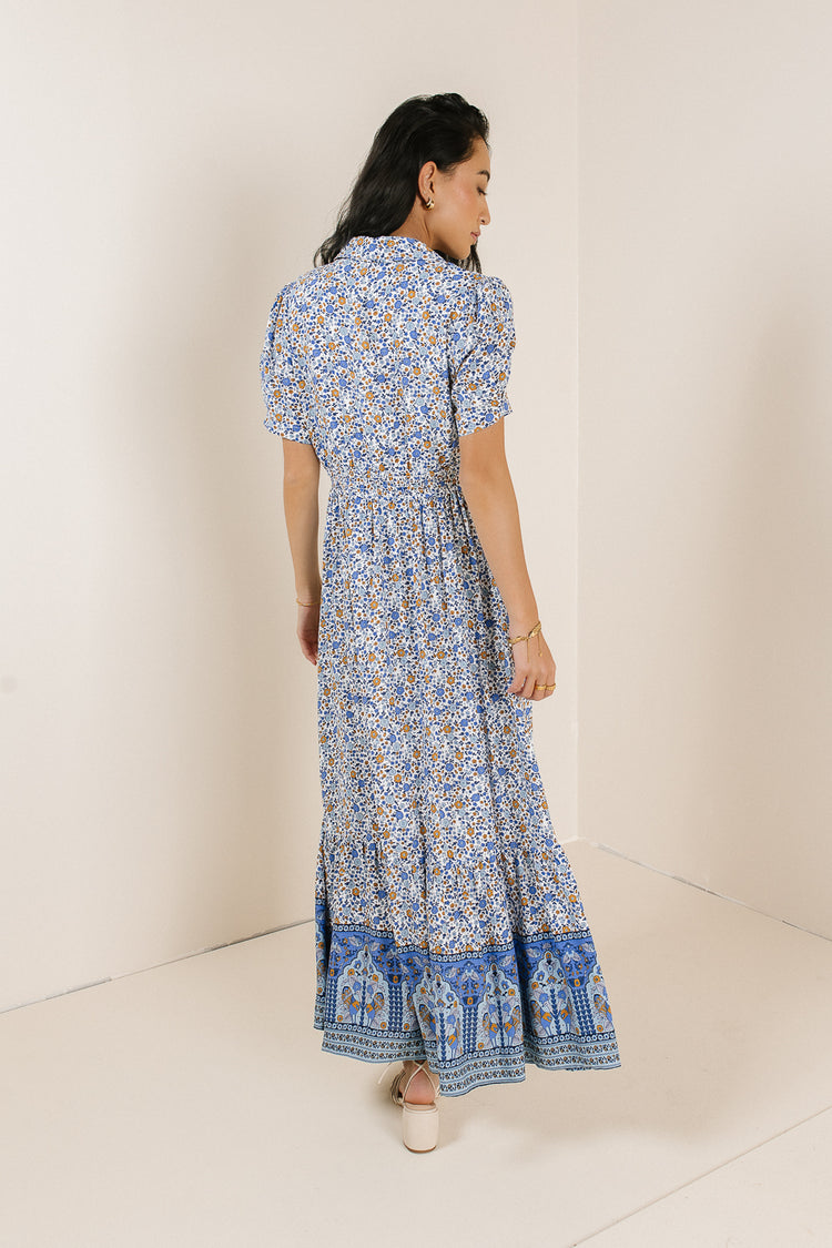 blue floral maxi dress with short sleeve