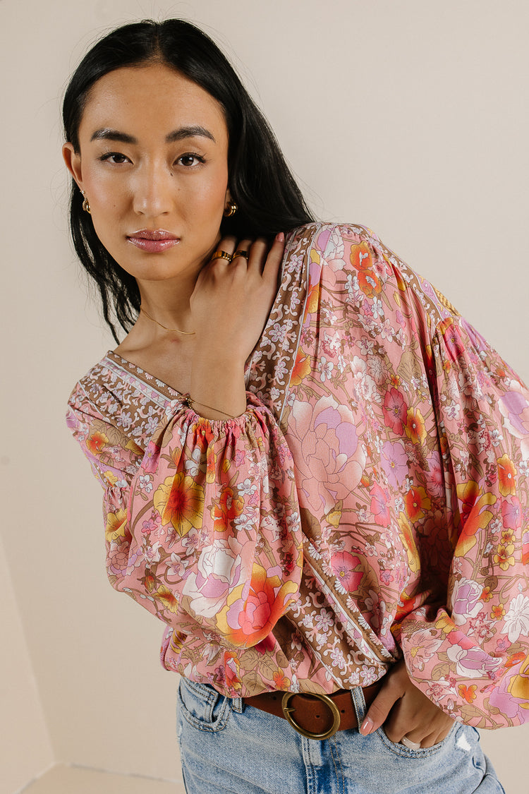 flowy blouse with pink and orange flowers