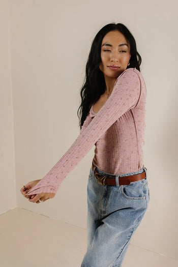 Long sleeves floral ribbed top in rose 