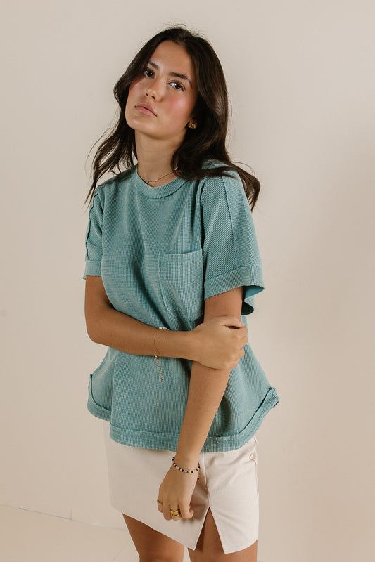 textured short sleeve top with pocket