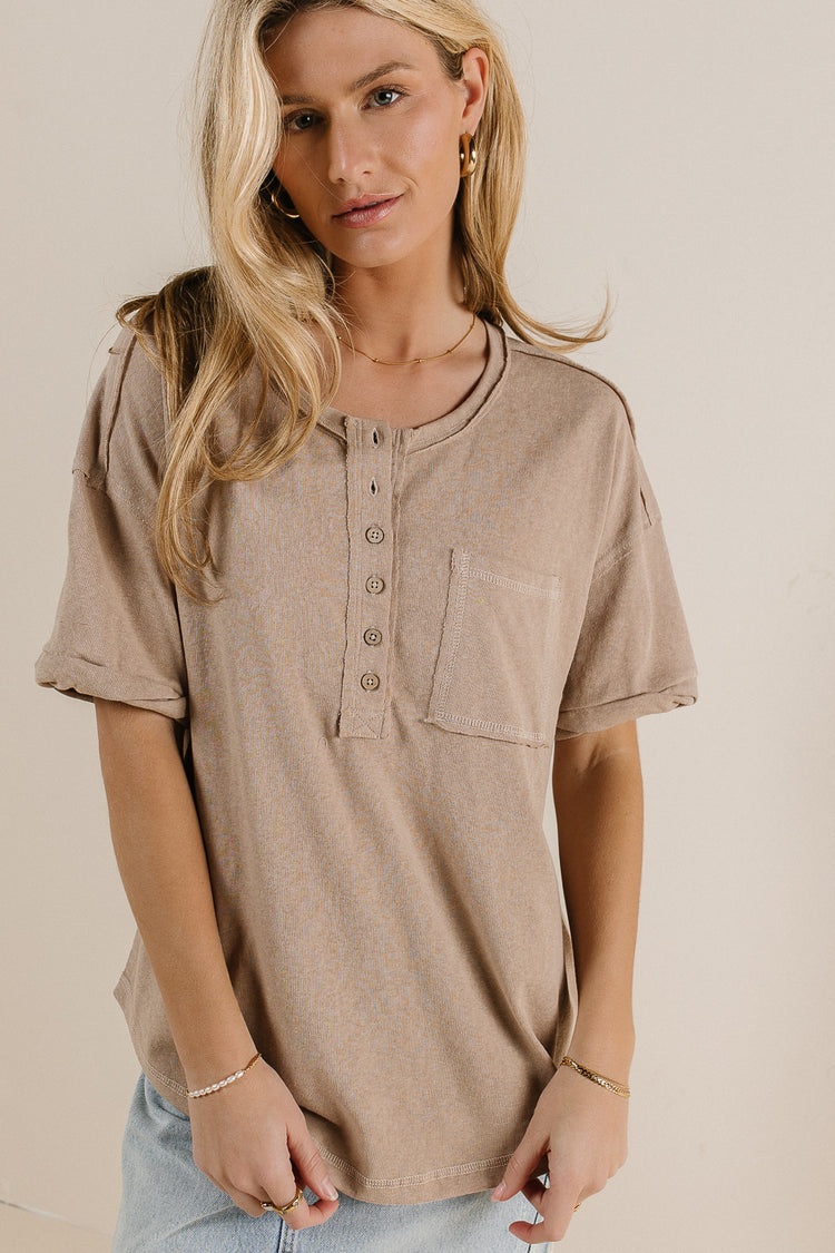 henley top in taupe with front pocket