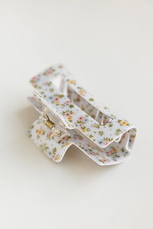 Floral Rectangle Claw Clip in White