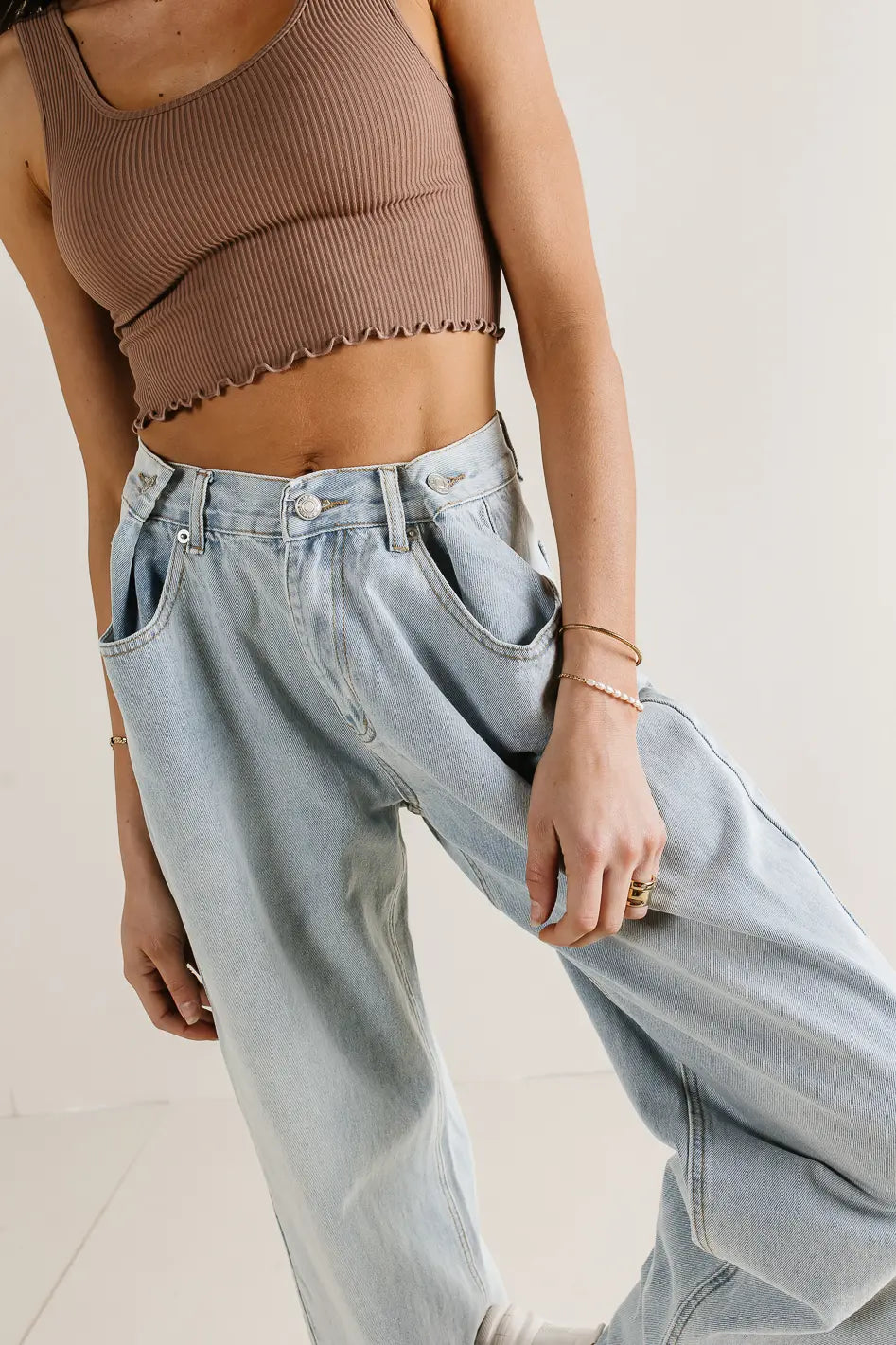 Adjustable belt hoop wide legs jeans in light wash 