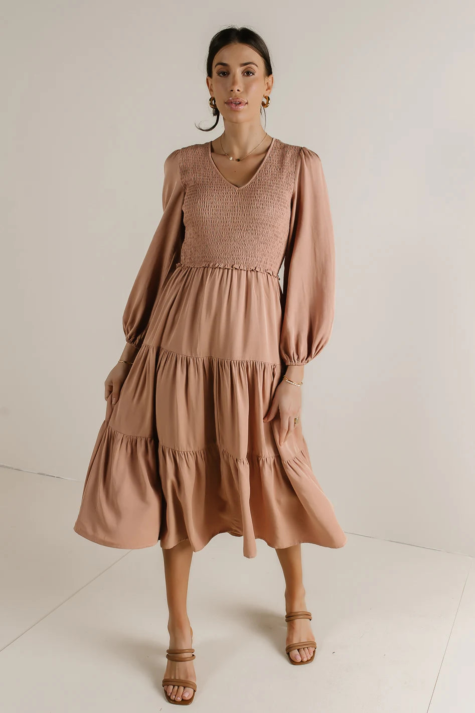 Smocked Tiered Midi Dress in Pink - FINAL SALE Smocked Tiered Midi Dress in Pink - FINAL SALE