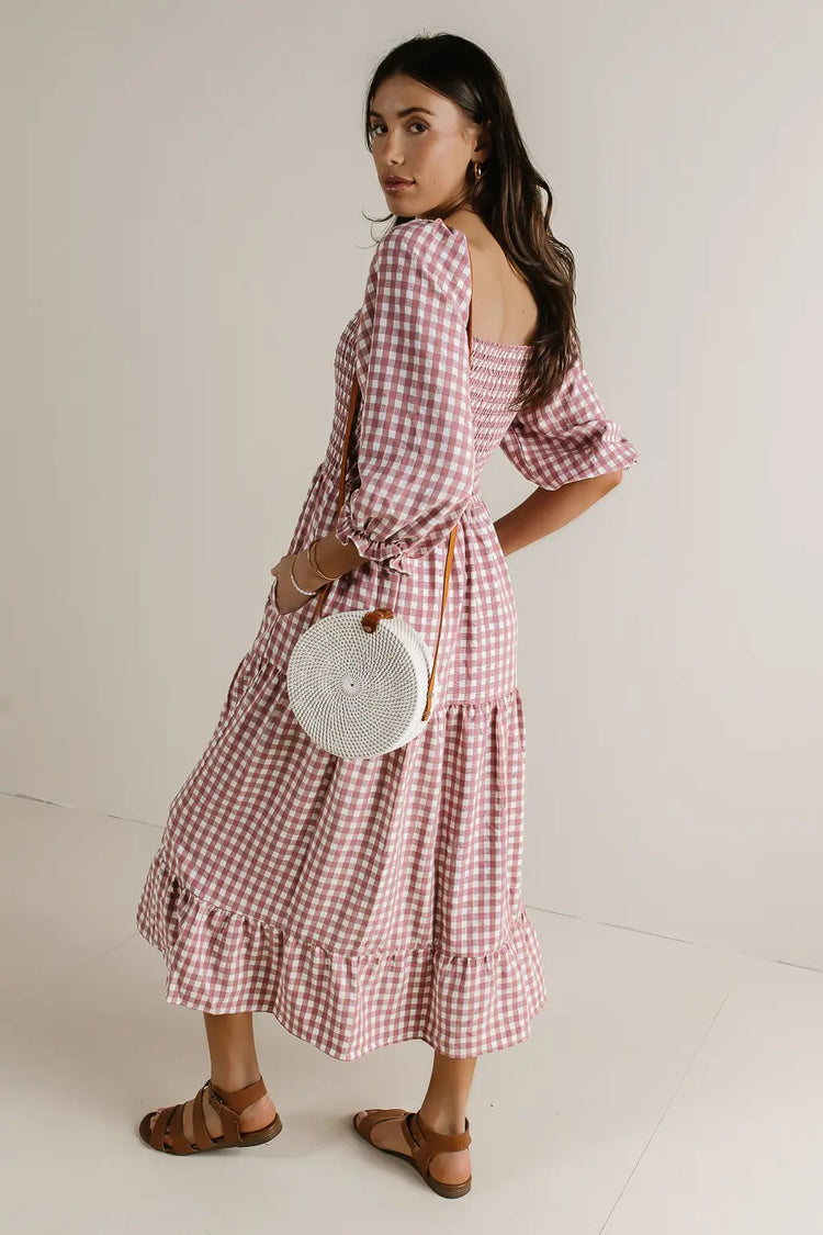 Two hand pockets gingham dress in rose 