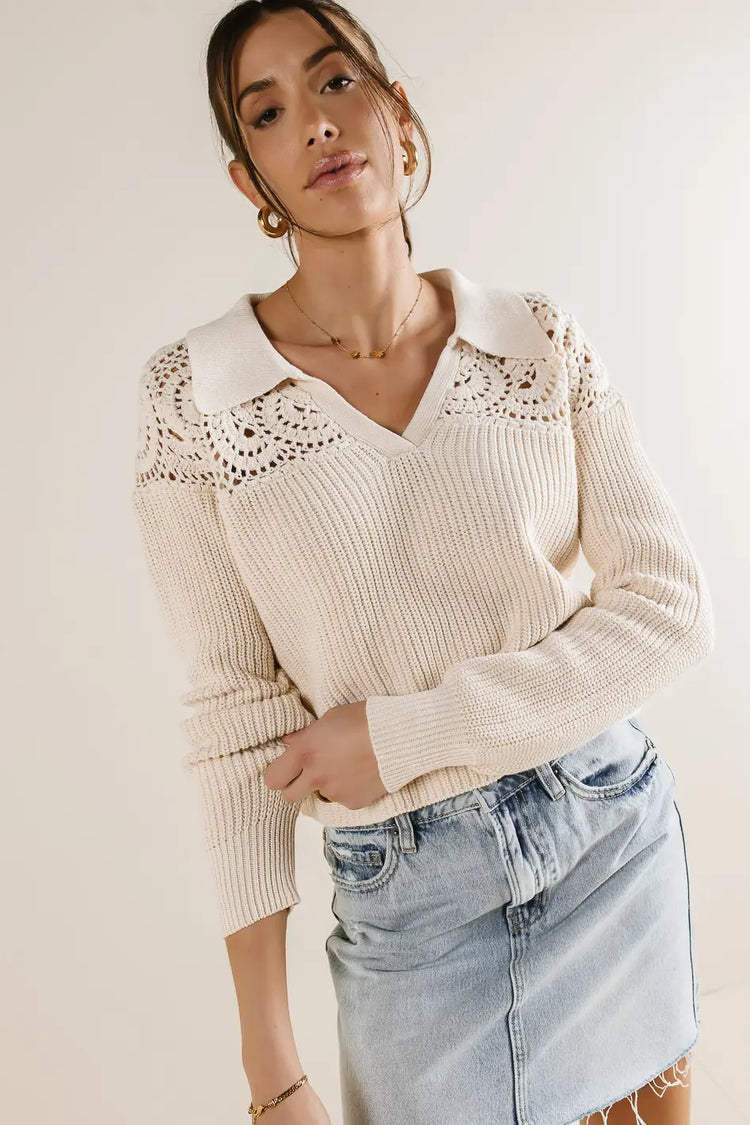 Crocheted collared sweater in cream 