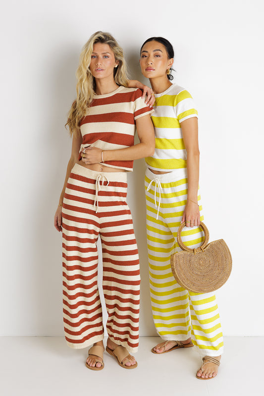 striped short sleeve with matching bottoms in rust and yellow