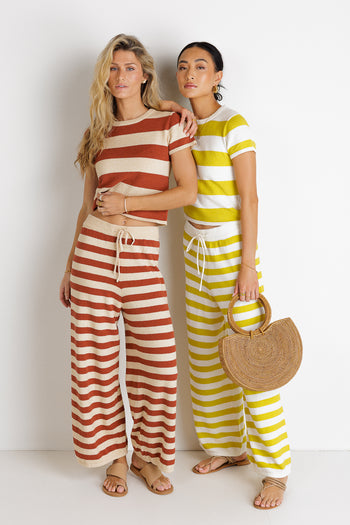matching striped sets in yellow and rust
