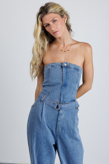 Adjustable denim belt jumpsuit
