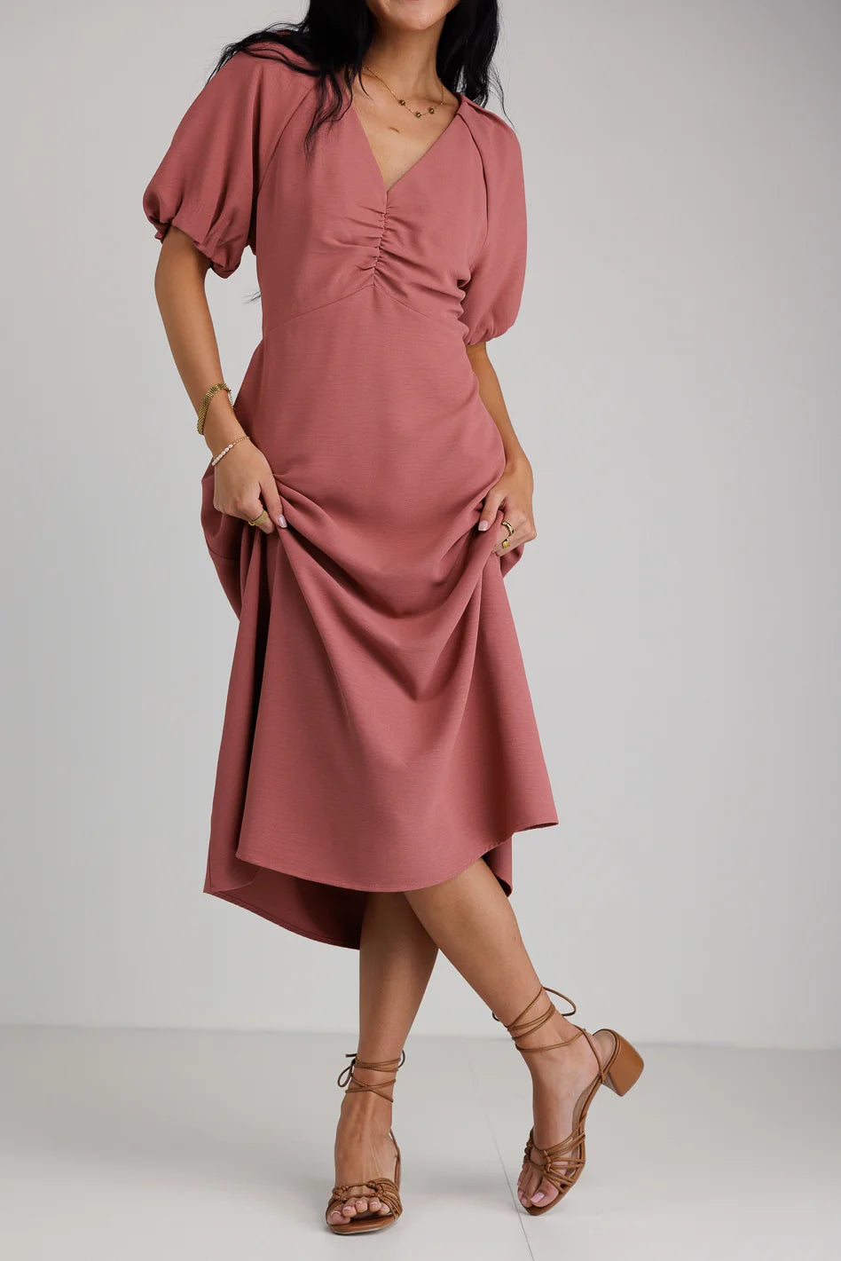 Woven midi dress in mauve 