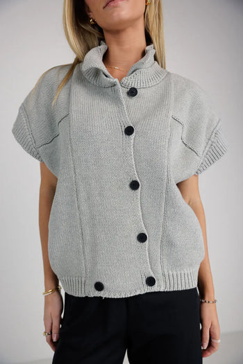 Ribbed mock neck cardigan in grey 