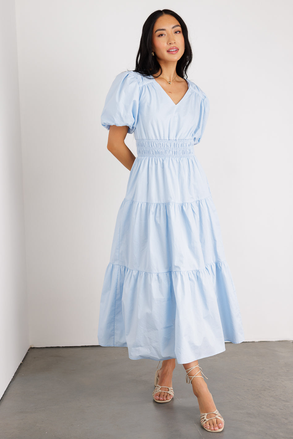 blue tiered puff sleeve dress