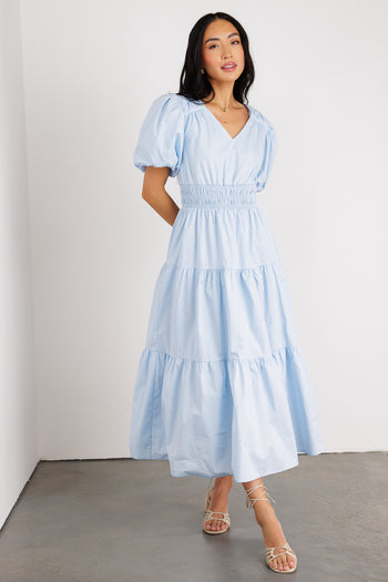 blue tiered puff sleeve dress