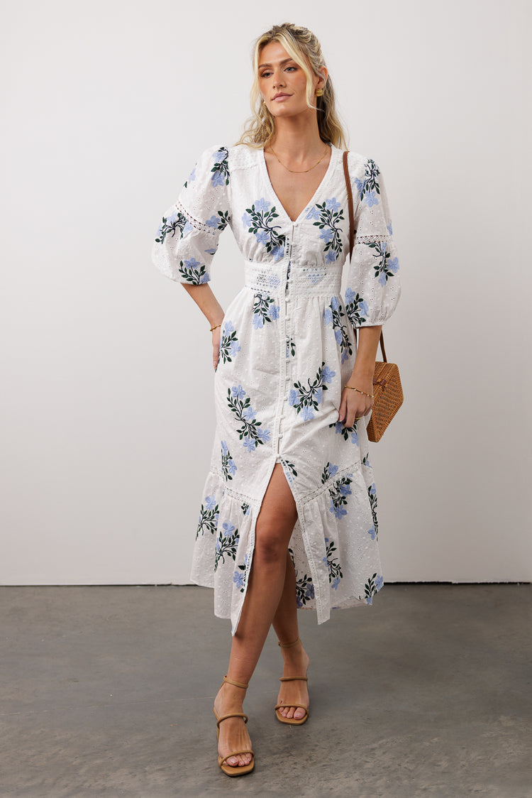 embroidered button front dress