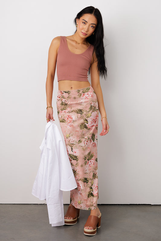 printed floral skirt with pink tank