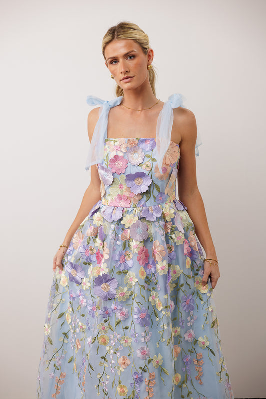 blue embossed floral dress with tie