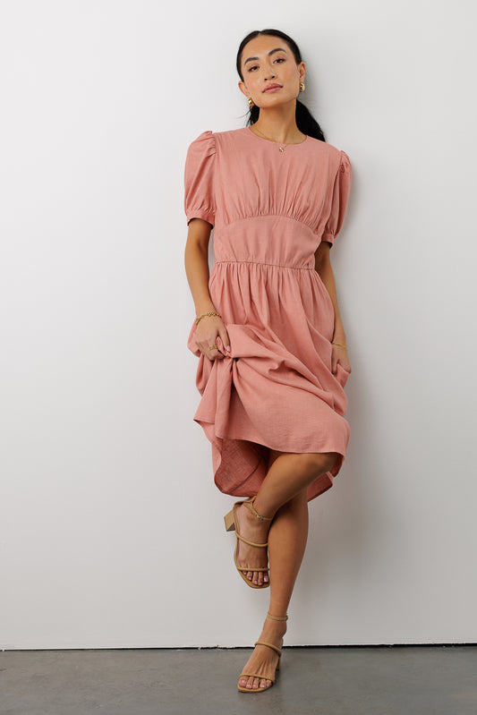 short sleeve pink midi dress with puff sleeves
