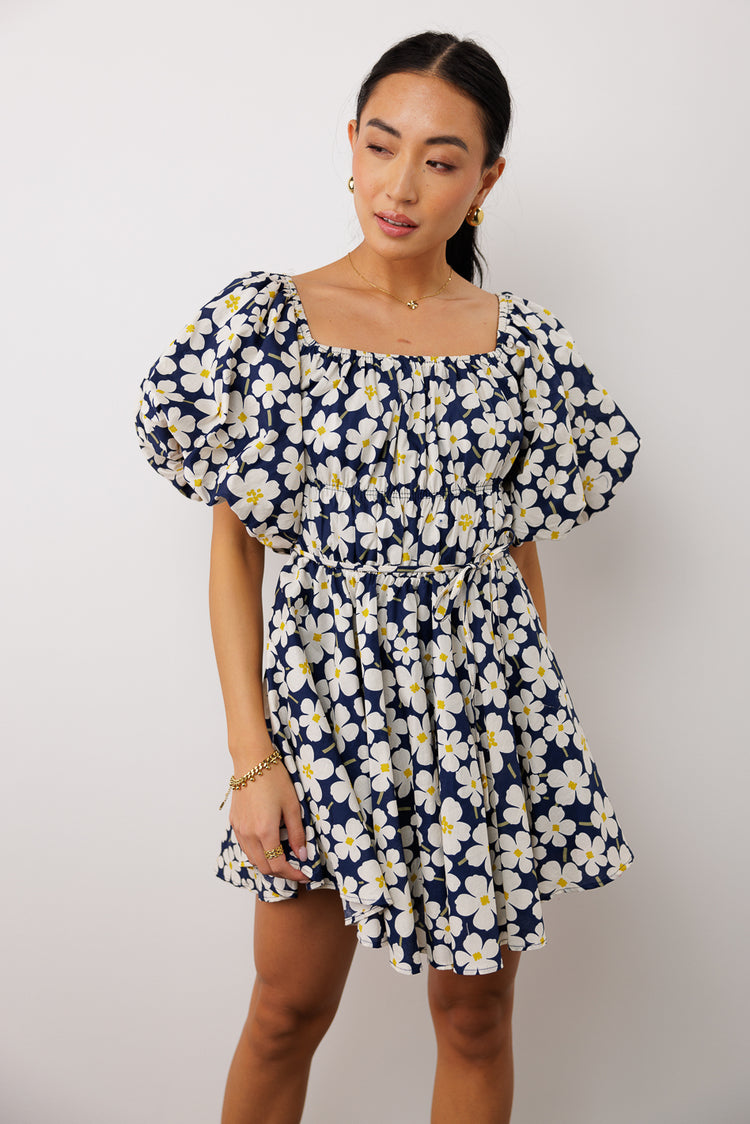 Puff sleeves floral mini dress in navy blue