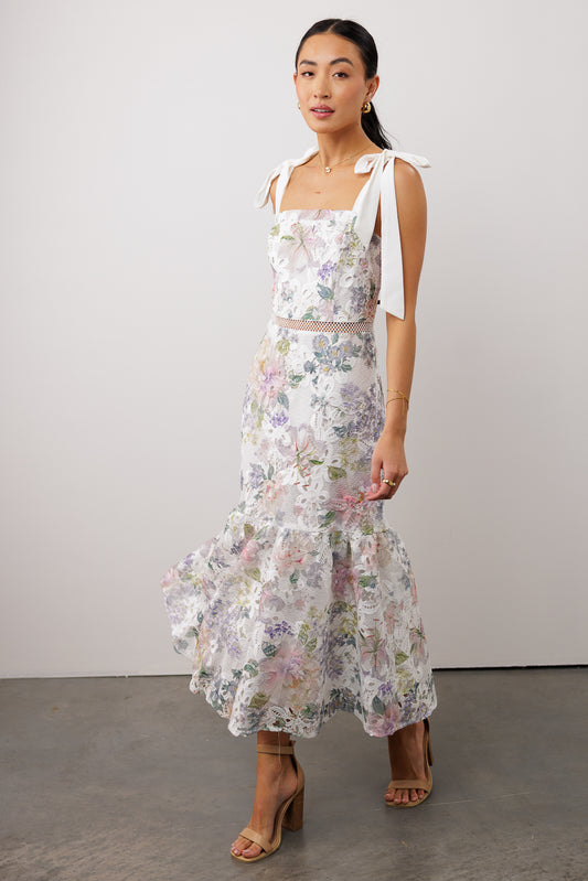 floral dress with shoulder ties and lace