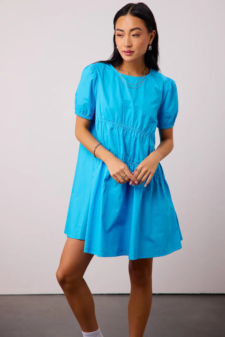 Elastic cuff sleeves dress in blue 