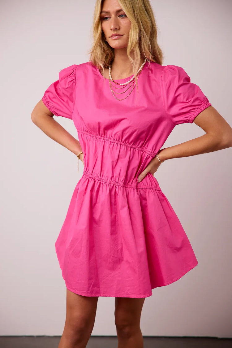 Elastic front designed dress in pink 