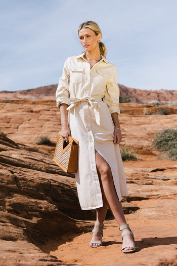 Adjustable waist tie denim dress in cream