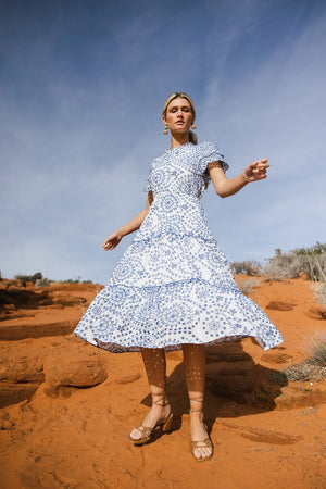 knee length dresses for ladies Katie Dress Blue and Pink Jasmine Eyelet