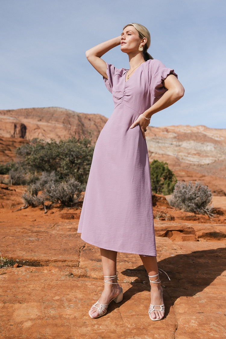 ruched front midi dress in purple