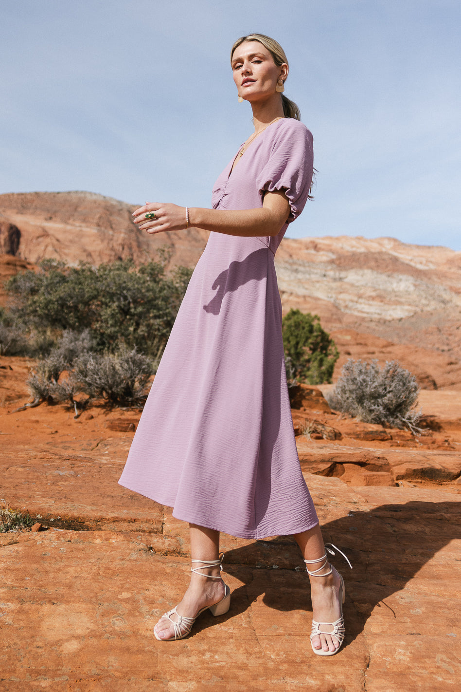 purple short sleeve midi dress
