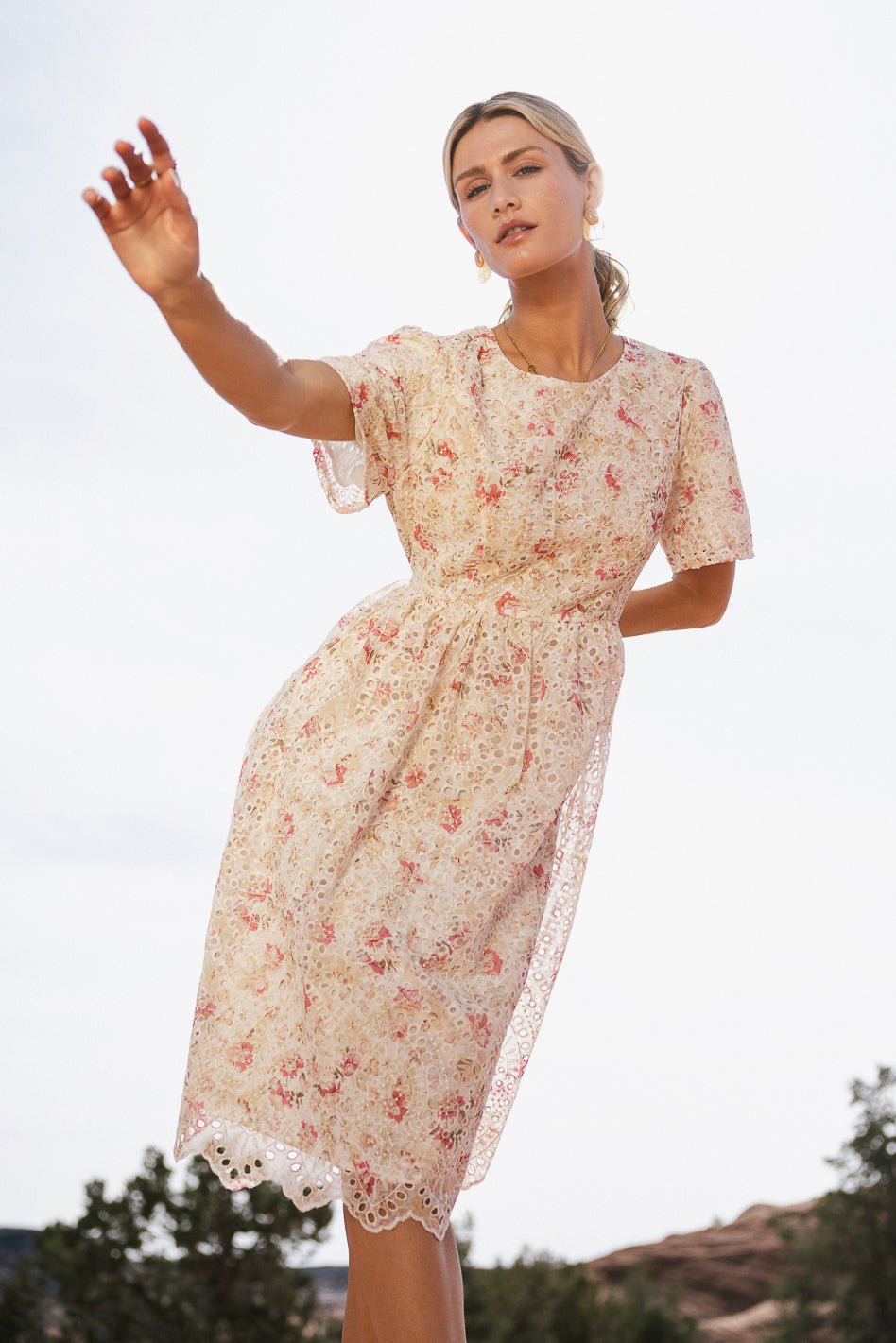 eyelet lace midi dress