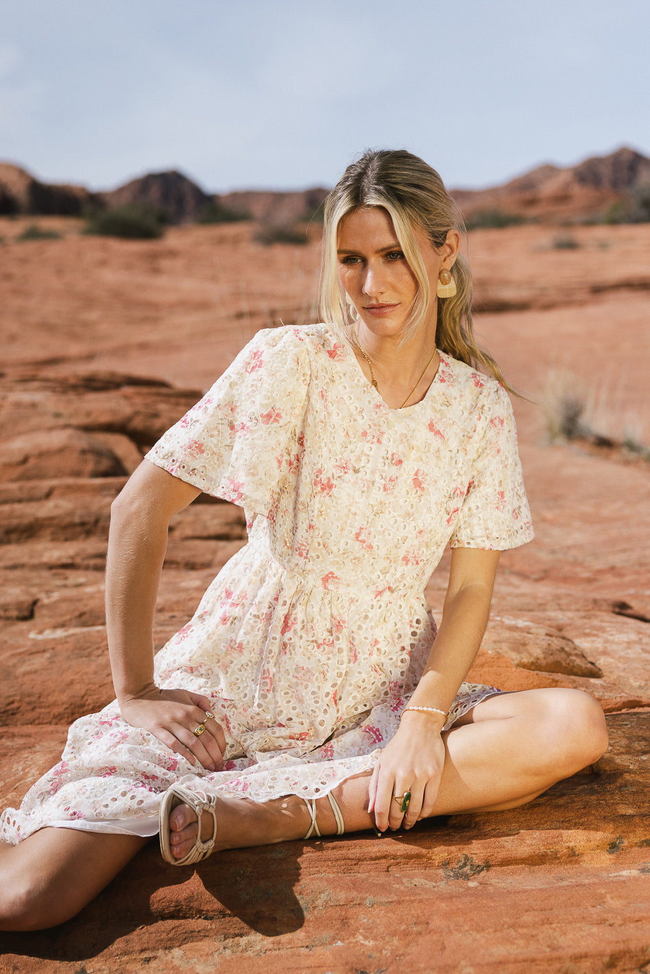 white and pink eyelet lace dress