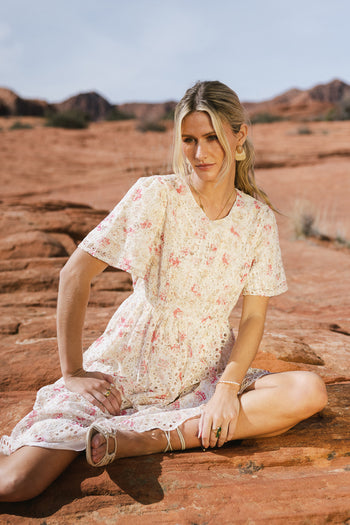 white and pink eyelet lace dress