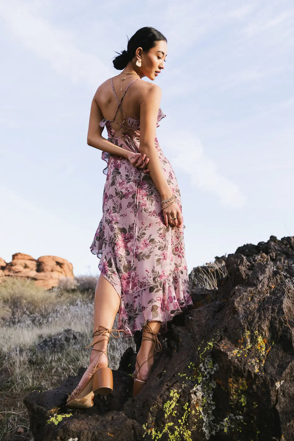 Asymmetrical Floral Midi Dress in Mauve - FINAL SALE | böhme 