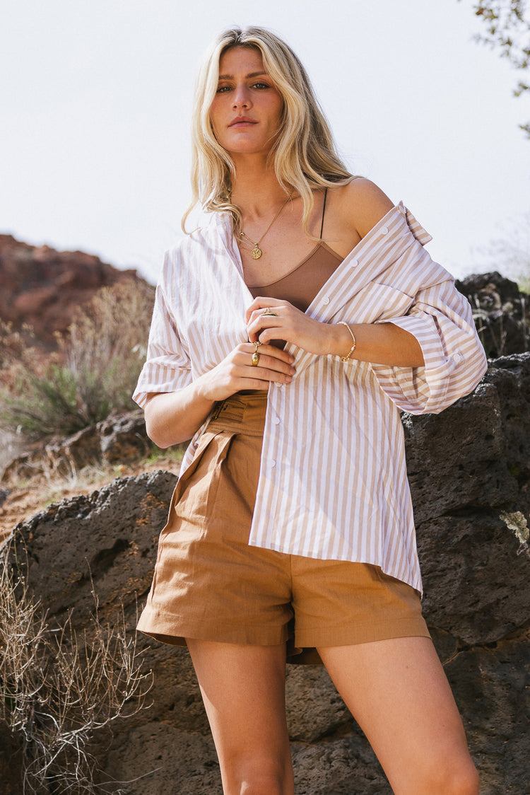 striped button up short sleeve top