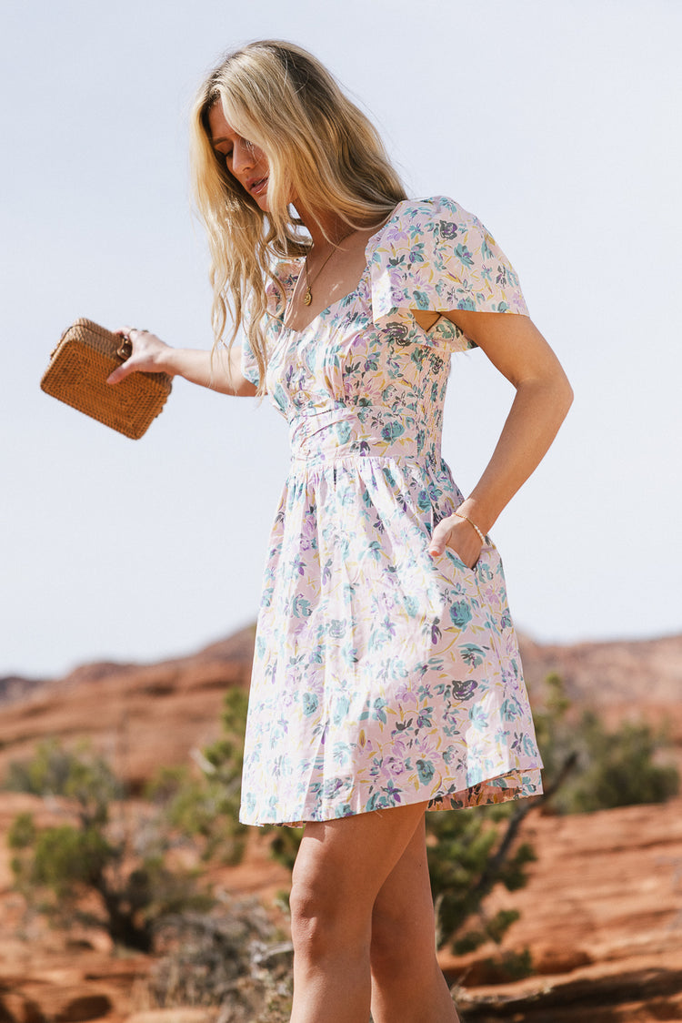 floral puff sleeve mini dress with pockets