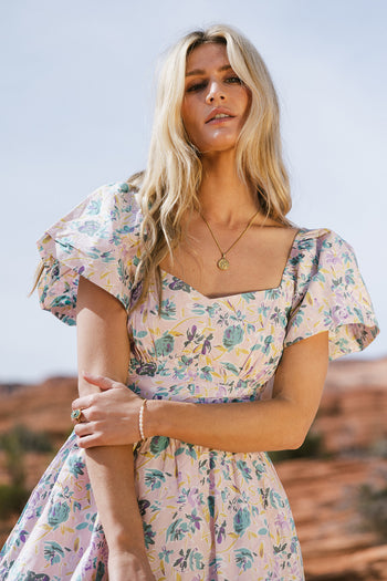 pink floral print short sleeve dress