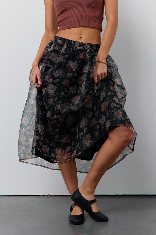 floral print mesh organza skirt
