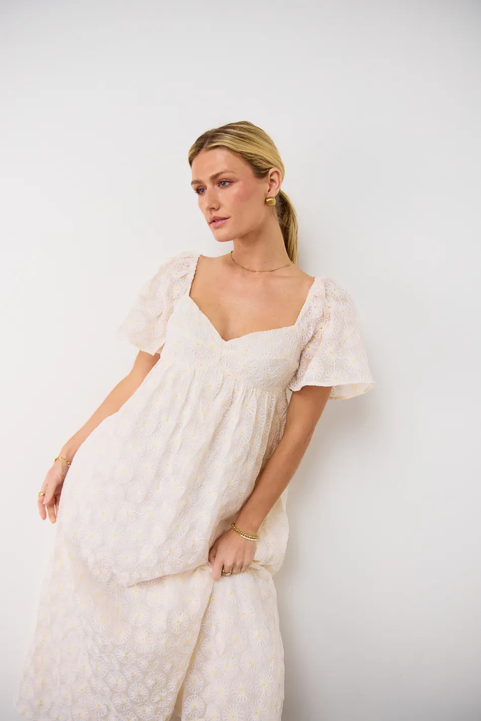 U-Neck floral embroidered dress in cream 