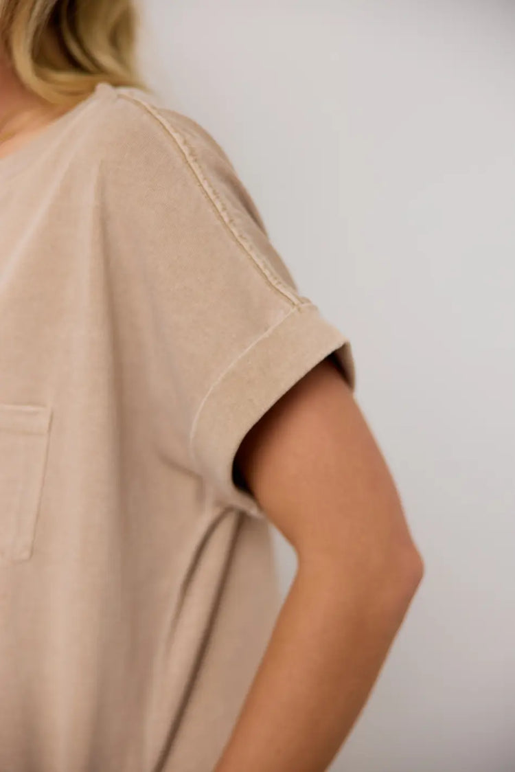 Rolled cuff sleeves dress in tan 