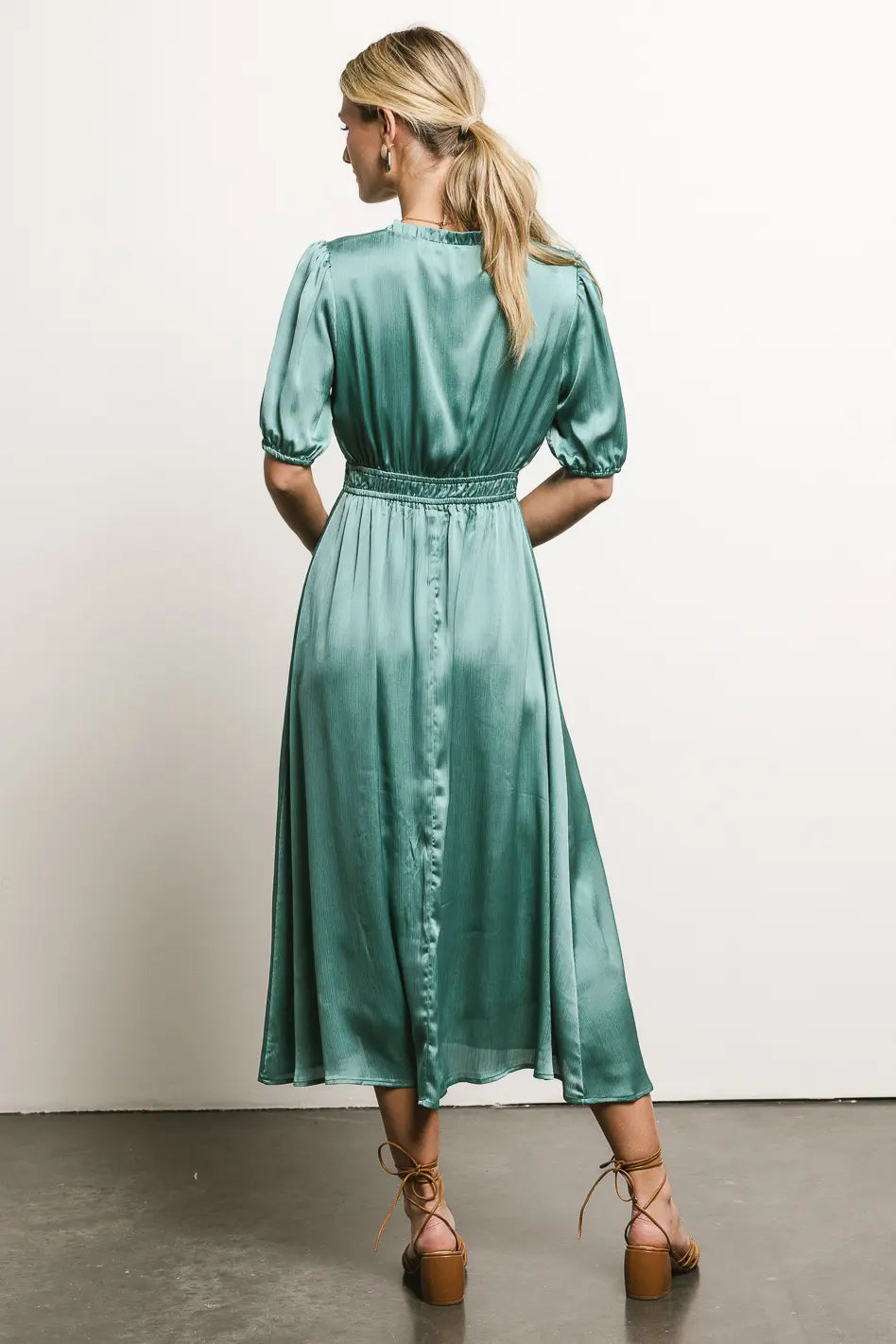 V-Neck Satin Midi Dress in Seafoam - FINAL SALE V-Neck Satin Midi Dress in Seafoam - FINAL SALE