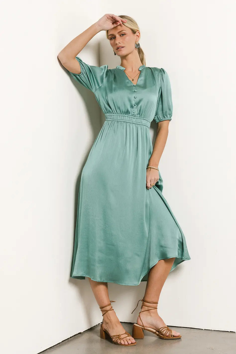 V-Neck Satin Midi Dress in Seafoam - FINAL SALE V-Neck Satin Midi Dress in Seafoam - FINAL SALE