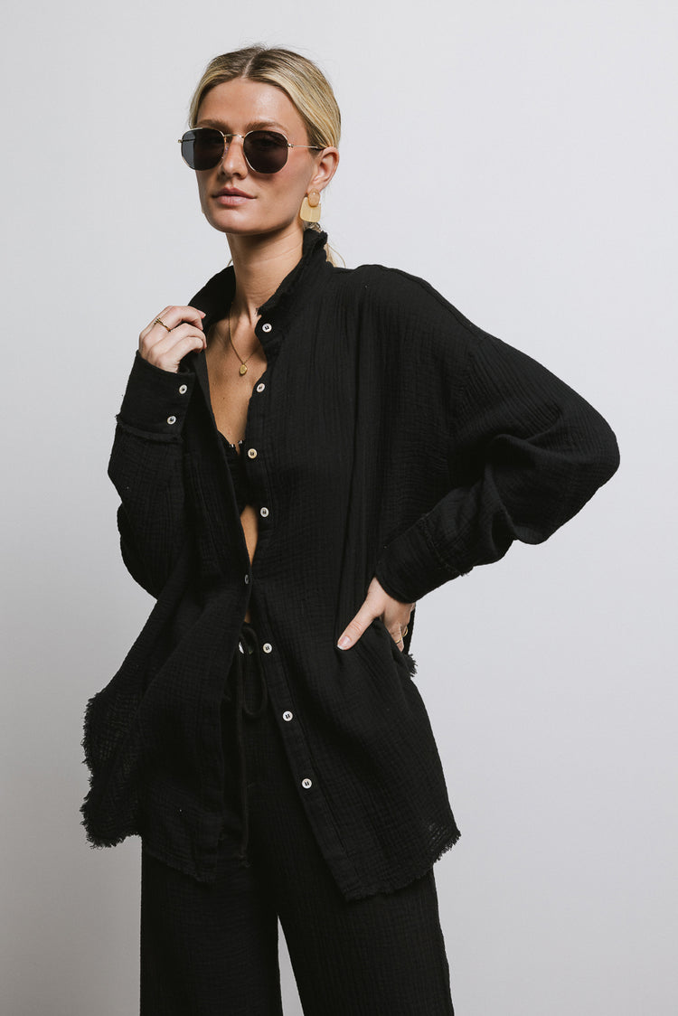 long sleeve button up top in black
