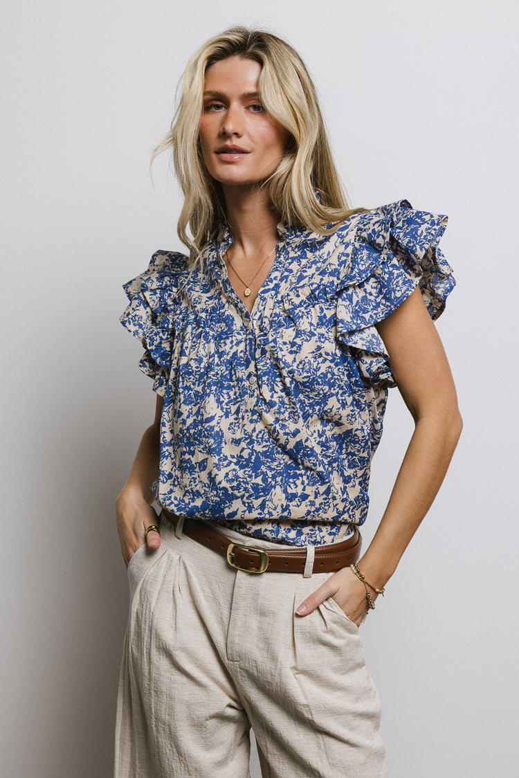 printed blouse in cream and blue