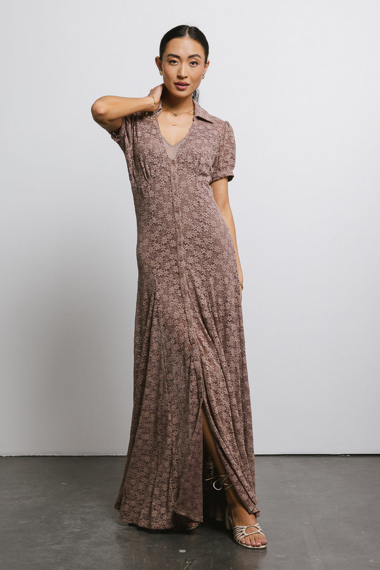 button front lace maxi dress with slip