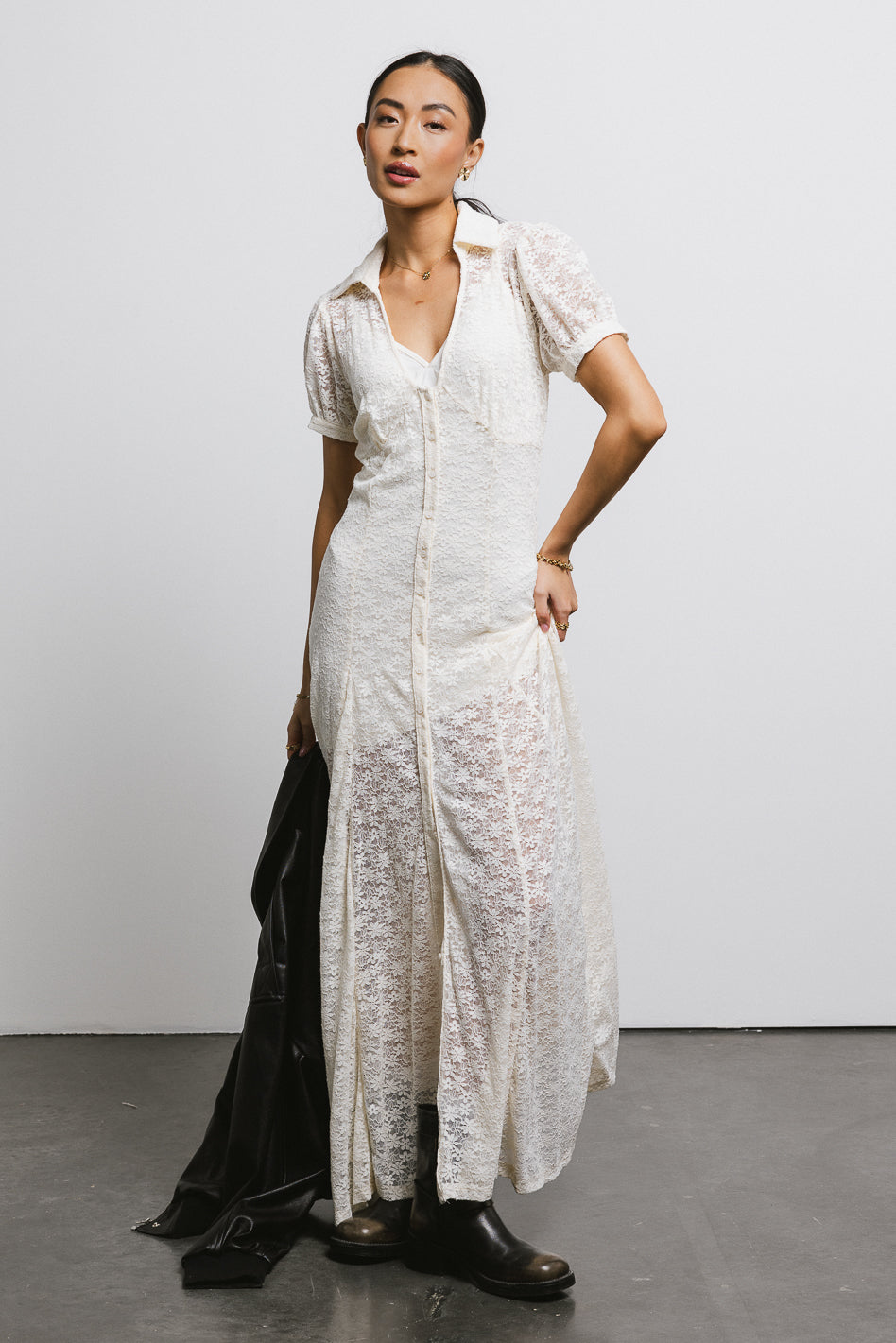 Lace Button Up Dress in Cream