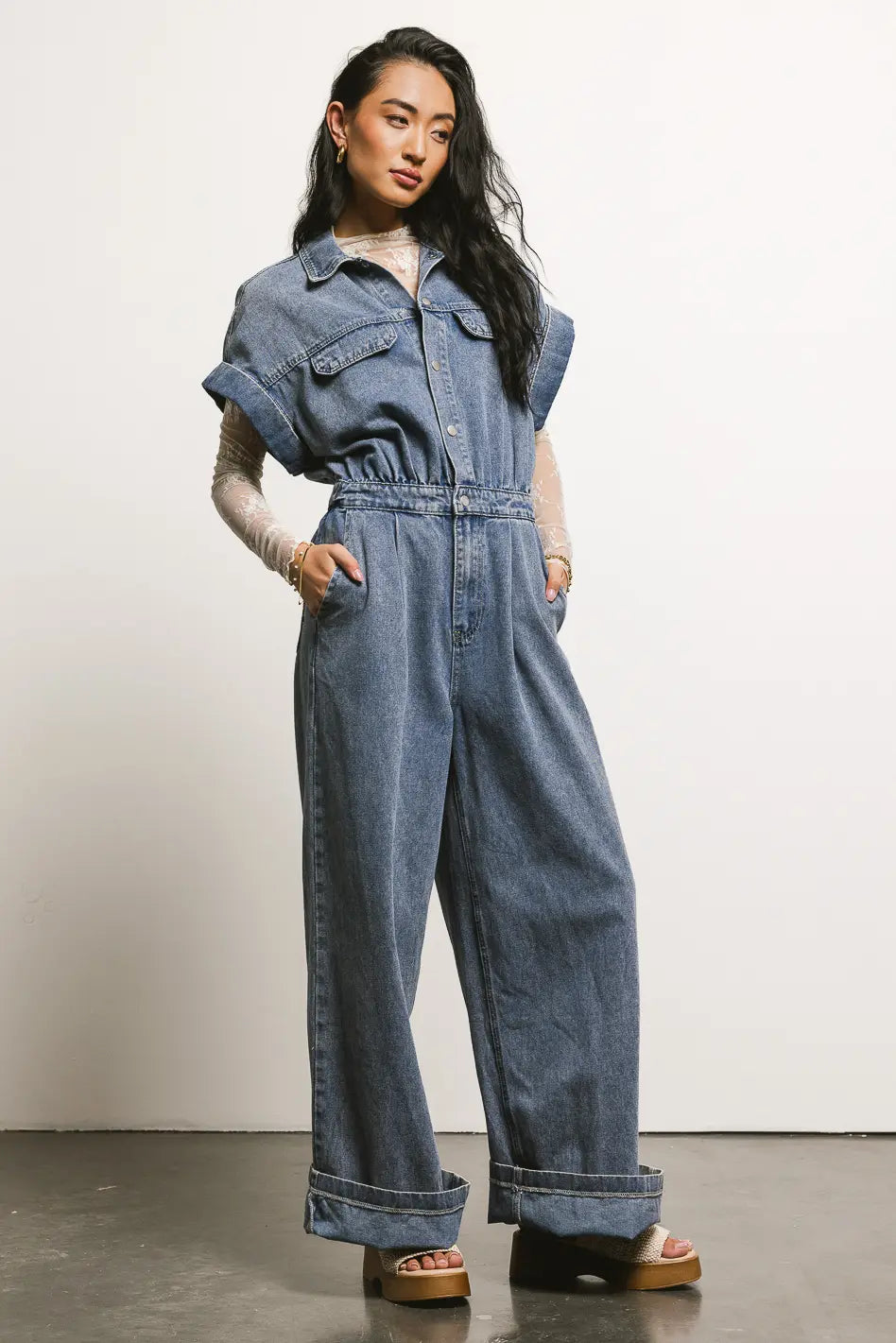 Two hand pockets denim jumpsuit 