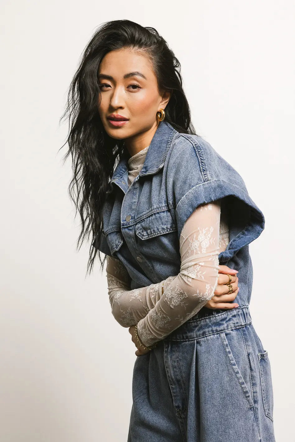 Short sleeves denim jumpsuit 