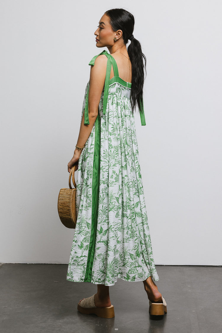 green printed dress with shoulder ties